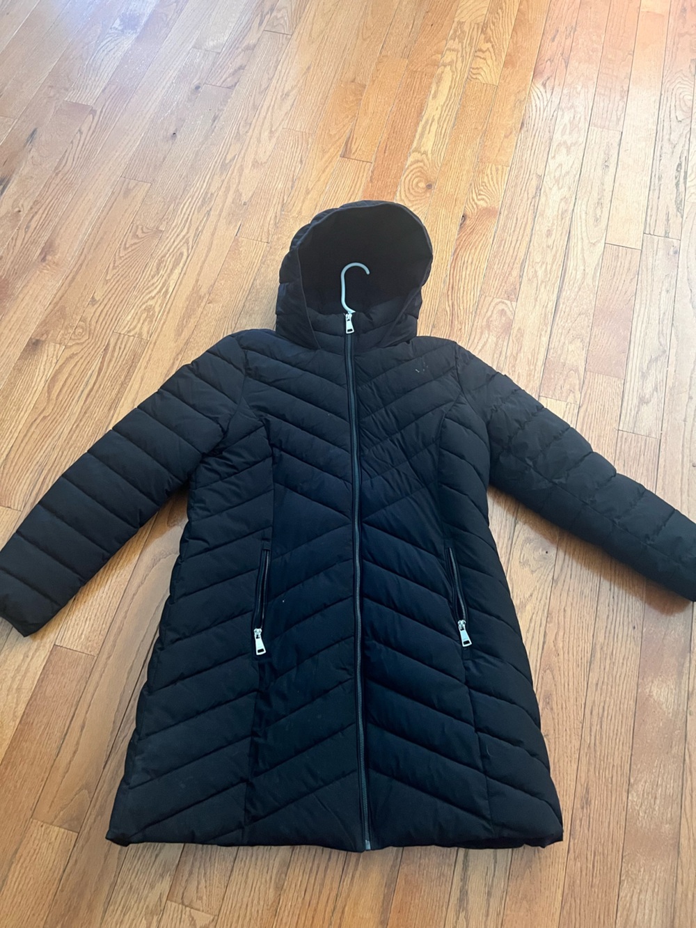 DKNY Black Hooded Quilted Long Puffer Coat